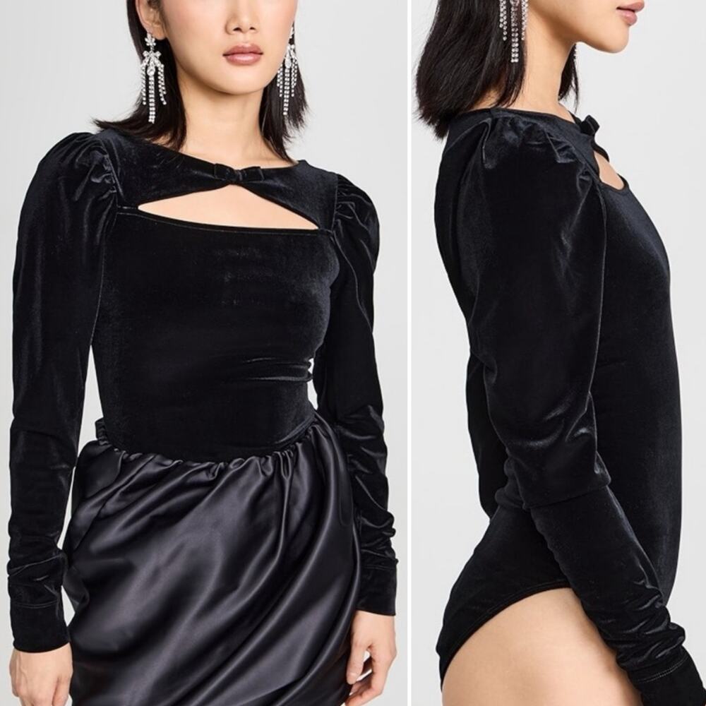 Ganni Black Velvet Long Sleeve Bodysuit Cutout Bow Detail Size EU 38 / US 6